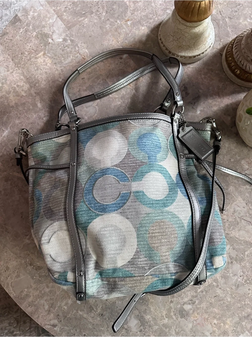 Coach Silver Metallic & Blue Signature Canvas Shoulder Bag